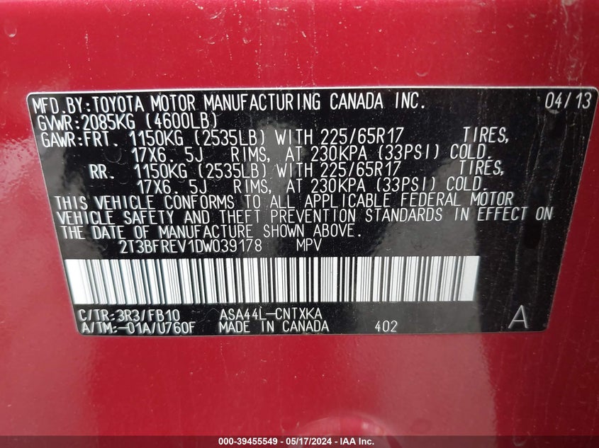 2013 TOYOTA RAV4 LE - 2T3BFREV1DW039178