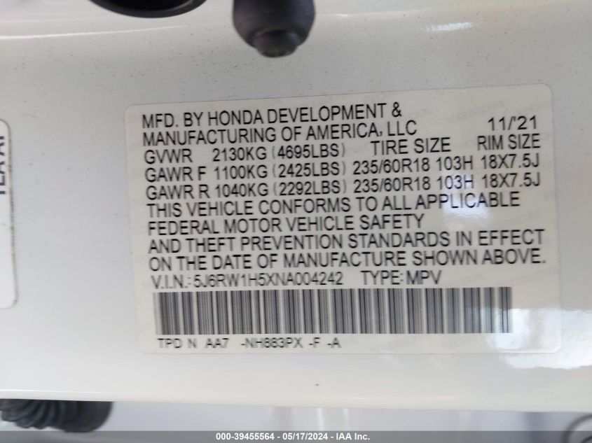 2022 Honda Cr-V 2Wd Ex VIN: 5J6RW1H5XNA004242 Lot: 39455564
