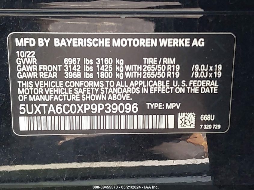 2023 BMW X5 xDrive45E VIN: 5UXTA6C0XP9P39096 Lot: 39455570