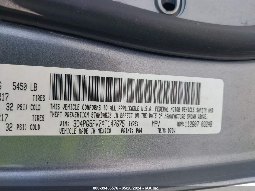 2010 Dodge Journey Sxt VIN: 3D4PG5FV7AT147675 Lot: 39455576