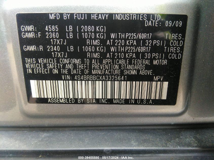 2010 Subaru Outback 2.5I Premium VIN: 4S4BRBBCXA3325641 Lot: 39455580