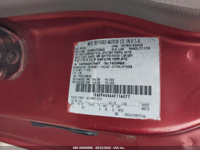 2004 Ford Mustang VIN: 1FAFP44464F116077 Lot: 39455586