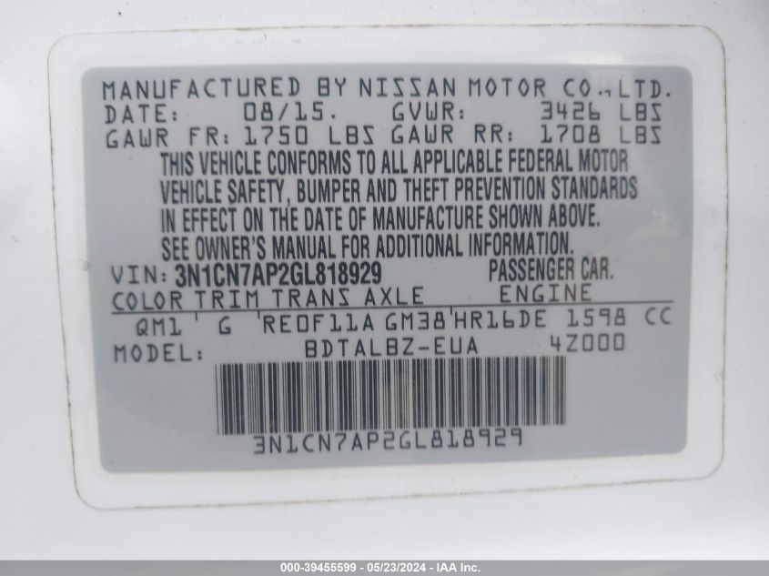 2016 Nissan Versa 1.6 S/1.6 S+/1.6 Sl/1.6 Sv VIN: 3N1CN7AP2GL818929 Lot: 39455599