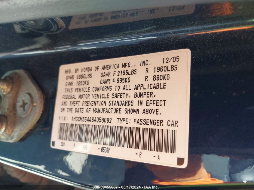 2006 Honda Accord 2.4 Lx VIN: 1HGCM56446A058092 Lot: 39455607