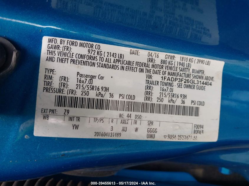 2016 Ford Focus Se VIN: 1FADP3F26GL314404 Lot: 39455613