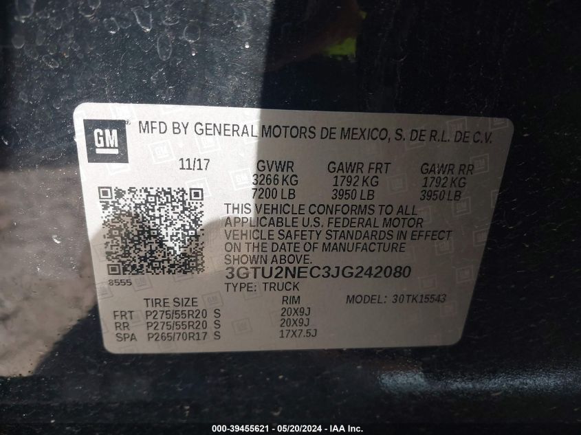 2018 GMC Sierra 1500 Slt VIN: 3GTU2NEC3JG242080 Lot: 39455621