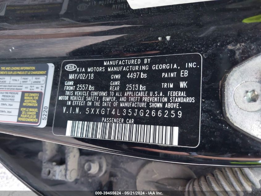 2018 Kia Optima Lx VIN: 5XXGT4L35JG266259 Lot: 39455624