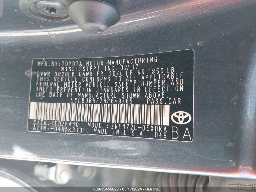 2017 Toyota Corolla L VIN: 5YFBURHE7HP649765 Lot: 39455629