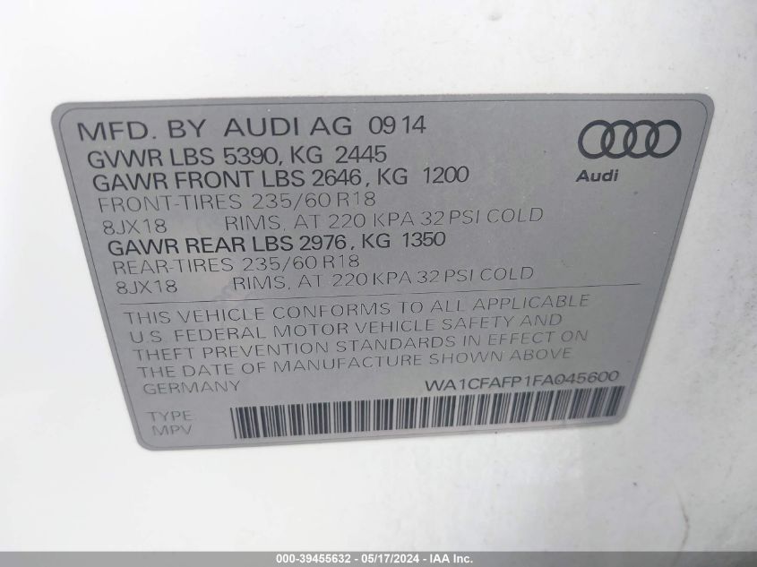 2015 Audi Q5 2.0T Premium VIN: WA1CFAFP1FA045600 Lot: 39455632