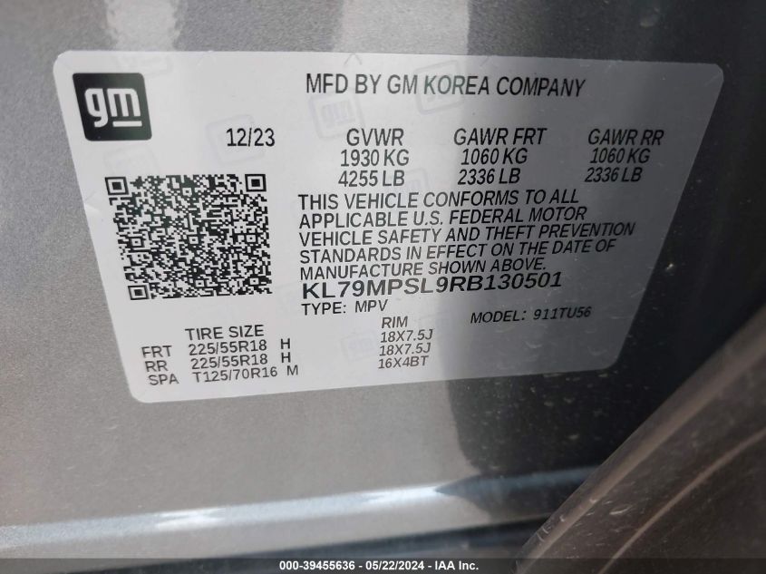 2024 Chevrolet Trailblazer Fwd Lt VIN: KL79MPSL9RB130501 Lot: 39455636