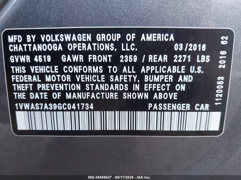 2016 Volkswagen Passat 1.8T R-Line VIN: 1VWAS7A39GC041734 Lot: 39455637