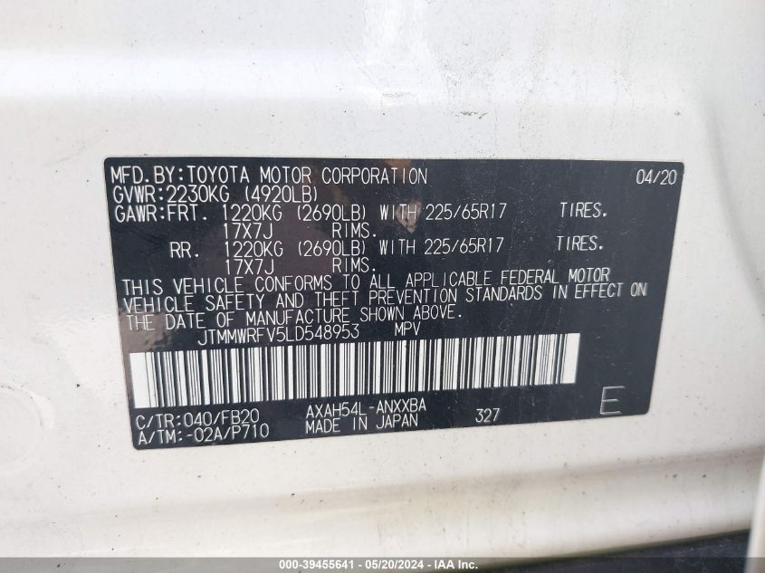 JTMMWRFV5LD548953 2020 Toyota Rav4 Le Hybrid