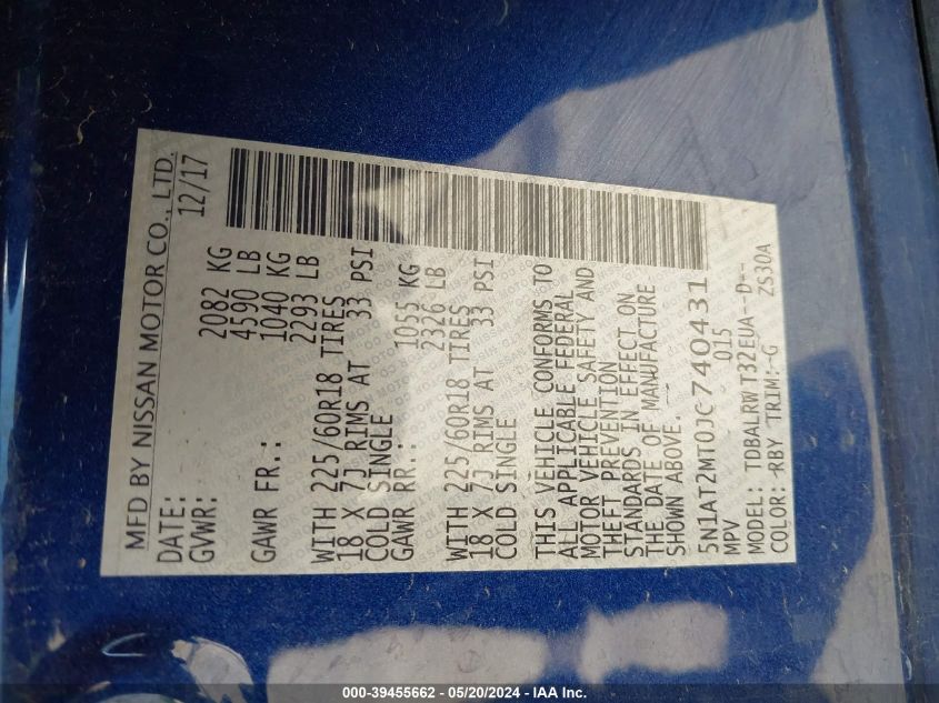 2018 Nissan Rogue Sl VIN: 5N1AT2MT0JC740431 Lot: 39455662