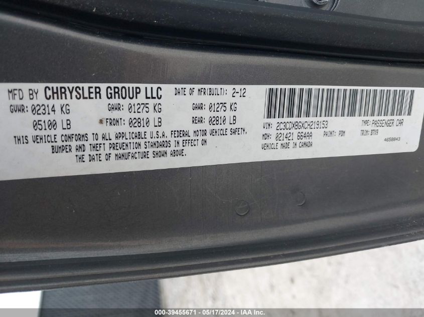 2012 Dodge Charger Se VIN: 2C3CDXBGXCH219153 Lot: 39455671