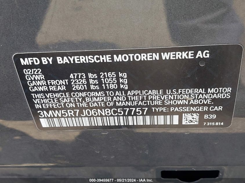 2022 BMW 330I xDrive VIN: 3MW5R7J06N8C57757 Lot: 39455677