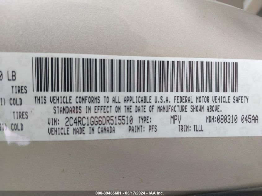 2013 Chrysler Town & Country Limited VIN: 2C4RC1GG6DR515510 Lot: 39455681