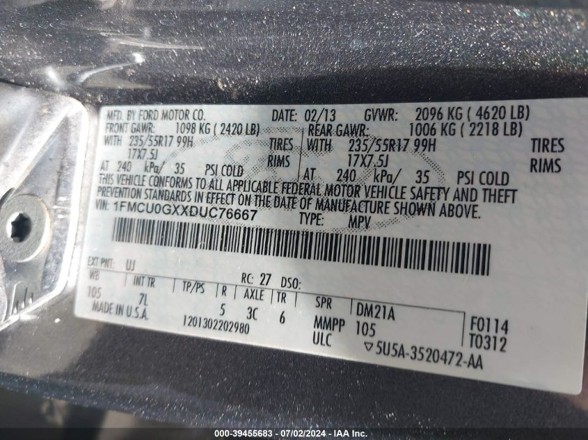 2013 Ford Escape Se VIN: 1FMCU0GXXDUC76667 Lot: 39455683