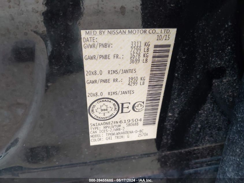 2015 Nissan Armada Platinum/Sl/Sv VIN: 5N1AA0NE2FN619504 Lot: 39455685