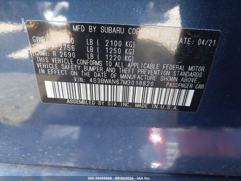 2021 Subaru Legacy Limited VIN: 4S3BWAN67M3018820 Lot: 39455689