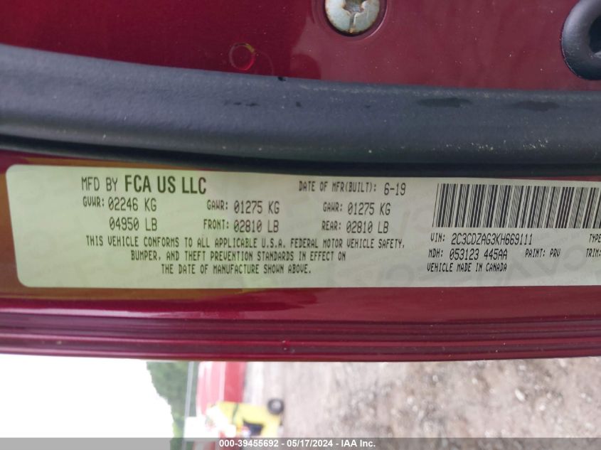 2019 Dodge Challenger Sxt VIN: 2C3CDZAG3KH669111 Lot: 39455692