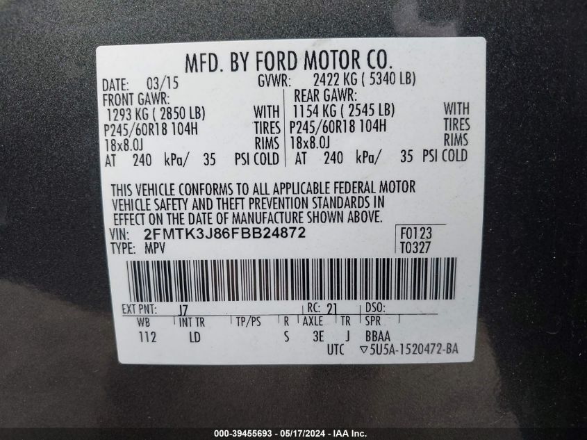 2015 Ford Edge Sel VIN: 2FMTK3J86FBB24872 Lot: 39455693