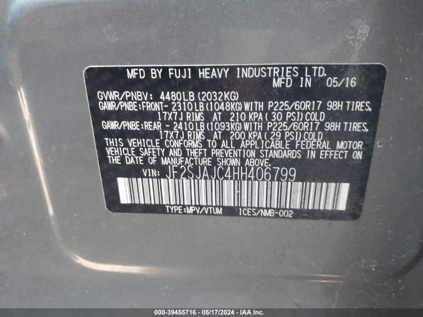 2017 Subaru Forester 2.5I Limited VIN: JF2SJAJC4HH406799 Lot: 39455716