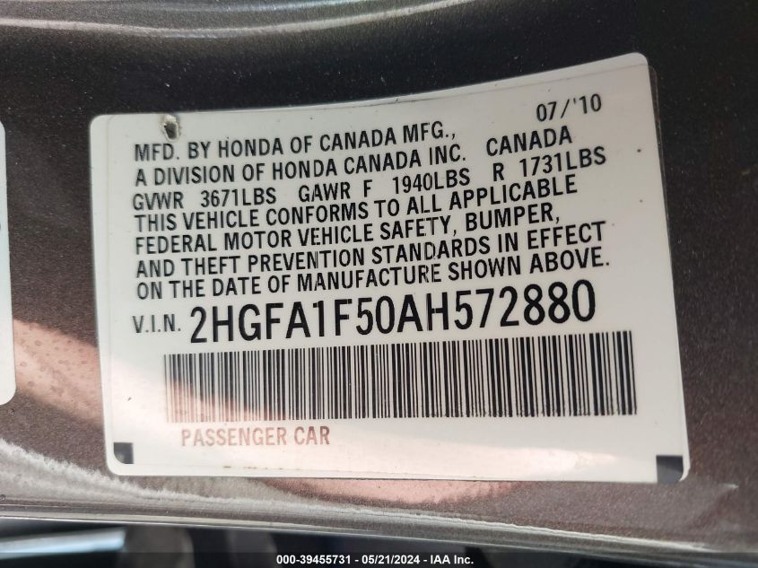 2010 Honda Civic Lx VIN: 2HGFA1F50AH572880 Lot: 39455731