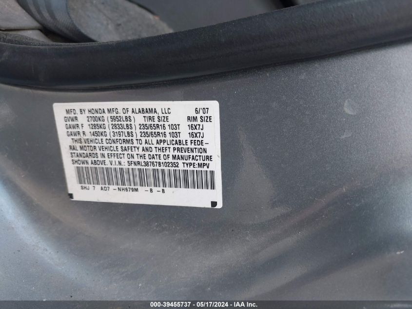 2007 Honda Odyssey Ex-L VIN: 5FNRL38767B102352 Lot: 39455737