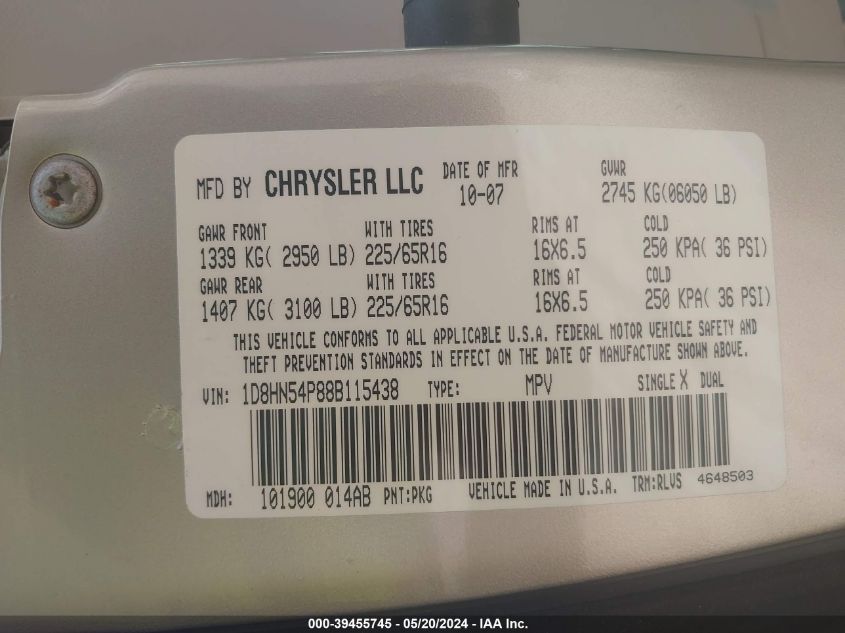 2008 Dodge Grand Caravan Sxt VIN: 1D8HN54P88B115438 Lot: 39455745