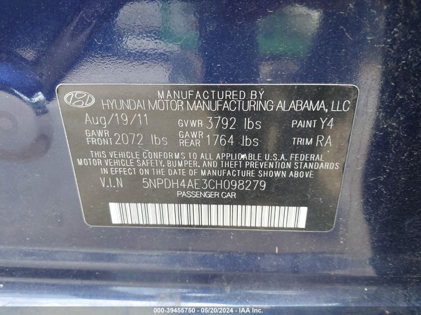 5NPDH4AE3CH098279 2012 Hyundai Elantra Gls