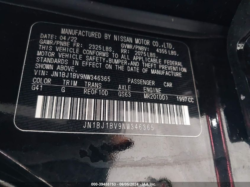 2022 Nissan Rogue Sport Sv Fwd Xtronic Cvt VIN: JN1BJ1BV9NW346365 Lot: 39455753