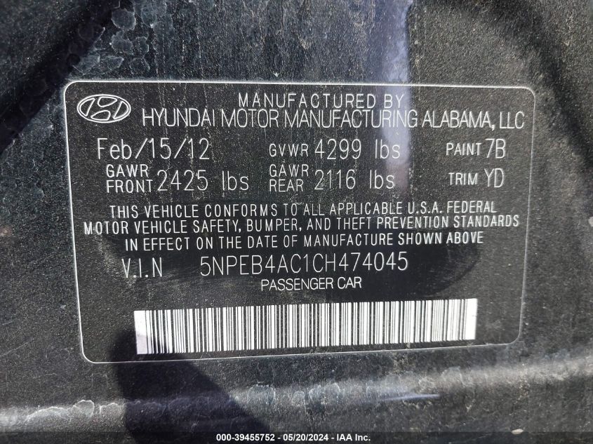 2012 Hyundai Sonata Gls VIN: 5NPEB4AC1CH474045 Lot: 39455752