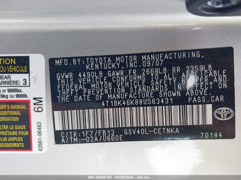 2008 Toyota Camry Le V6 VIN: 4T1BK46K88U563431 Lot: 39455754