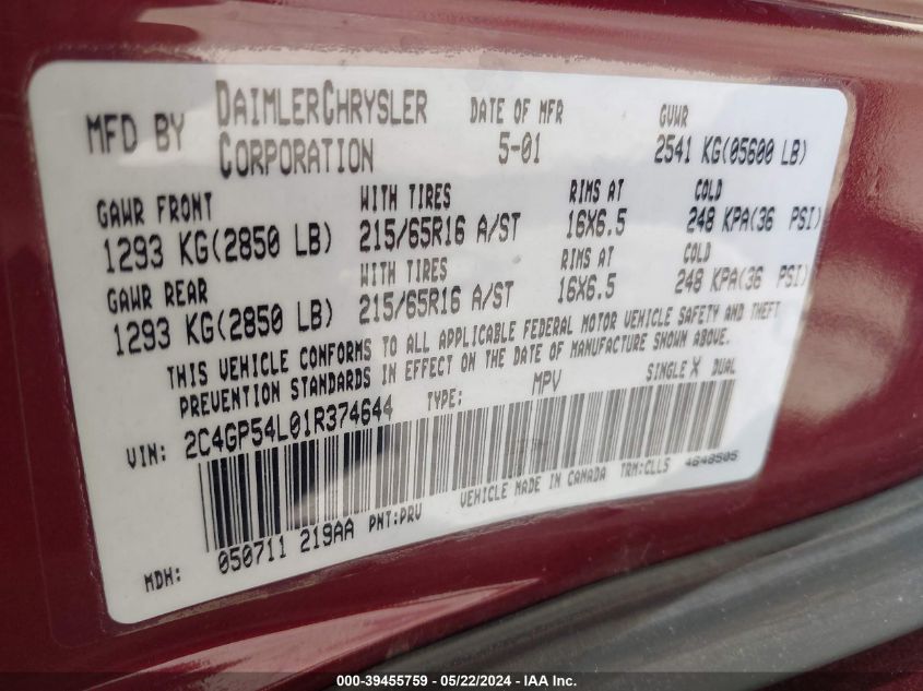 2001 Chrysler Town & Country Lxi VIN: 2C4GP54L01R374644 Lot: 39455759