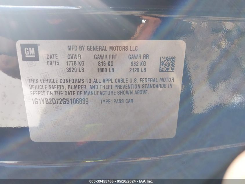 2016 Chevrolet Corvette Stingray VIN: 1G1YB2D72G5106889 Lot: 39455766