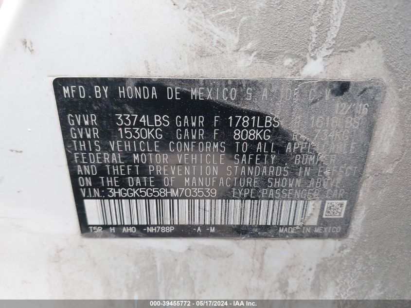 2017 Honda Fit Lx VIN: 3HGGK5G58HM703539 Lot: 39455772