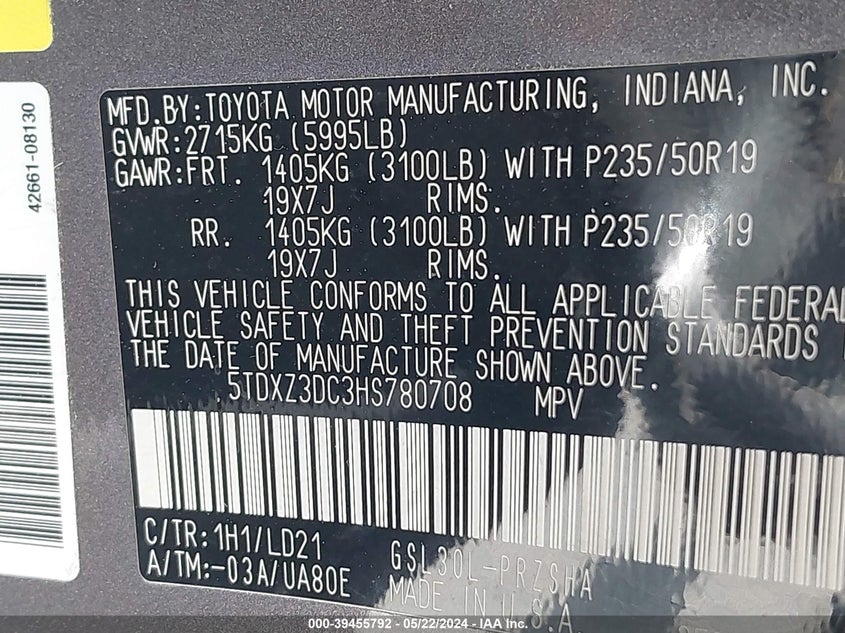 2017 Toyota Sienna Se 8 Passenger VIN: 5TDXZ3DC3HS780708 Lot: 39455792