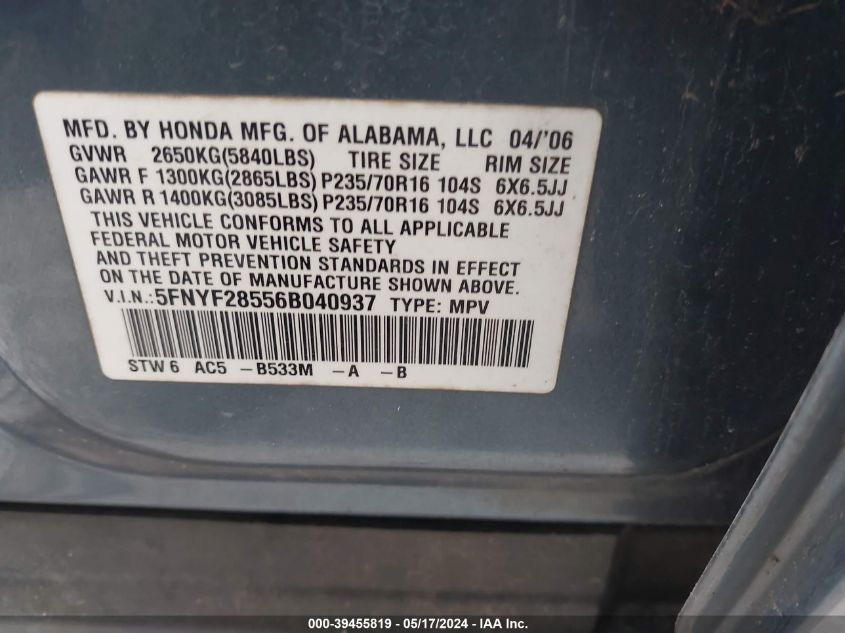 2006 Honda Pilot Ex-L VIN: 5FNYF28556B040937 Lot: 39455819