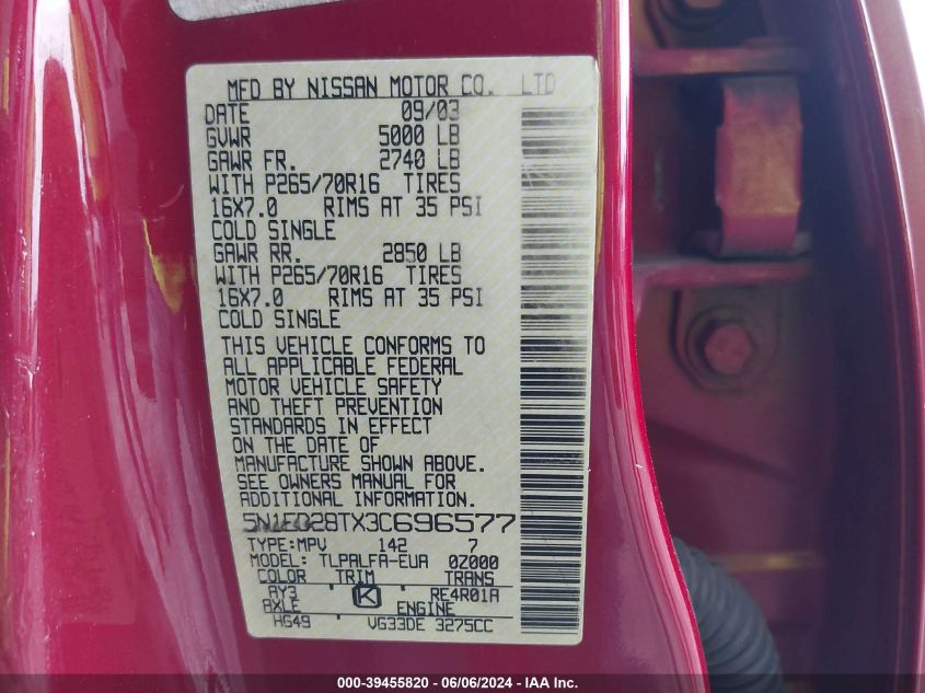 2003 Nissan Xterra Se VIN: 5N1ED28TX3C696577 Lot: 39455820
