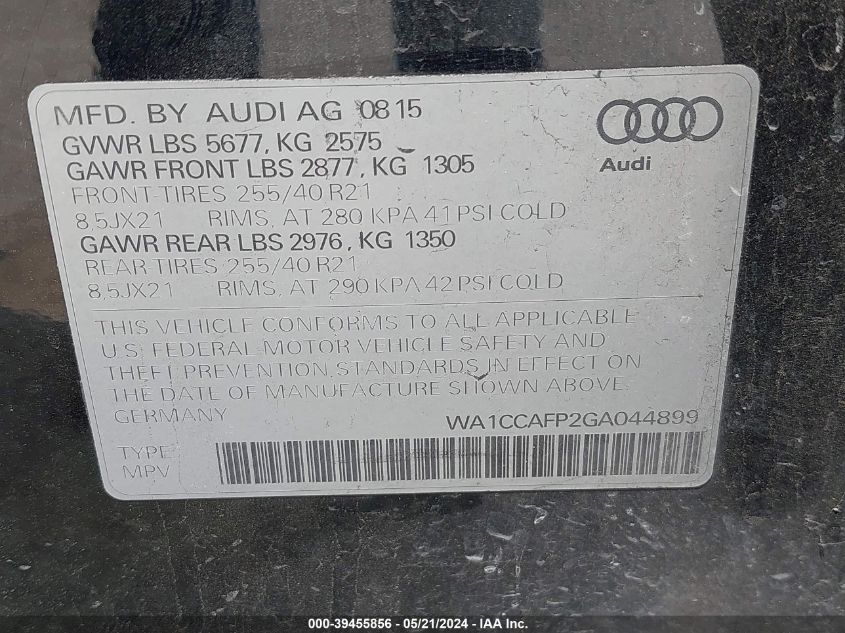 2016 Audi Sq5 3.0T Premium Plus VIN: WA1CCAFP2GA044899 Lot: 39455856