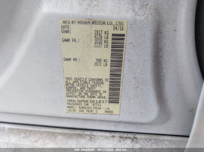 2016 Nissan Altima 2.5 S VIN: 1N4AL3AP6GN361857 Lot: 39455858