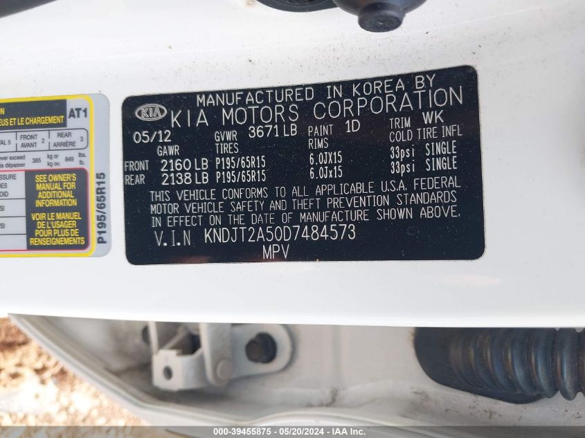 2013 Kia Soul VIN: KNDJT2A50D7484573 Lot: 39455875