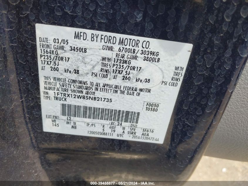 2005 Ford F-150 Stx/Xl/Xlt VIN: 1FTRX12W85NB21735 Lot: 39455877