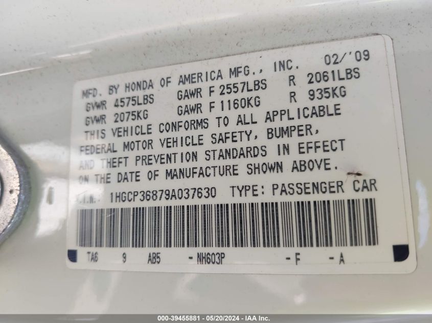 2009 Honda Accord 3.5 Ex-L VIN: 1HGCP36879A037630 Lot: 39455881