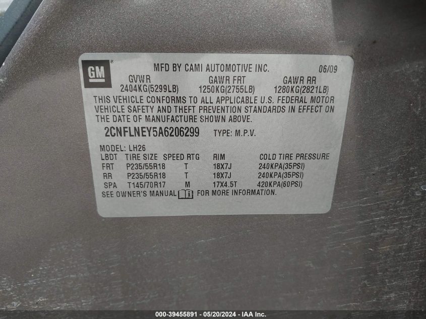 2010 Chevrolet Equinox Lt VIN: 2CNFLNEY5A6206299 Lot: 39455891