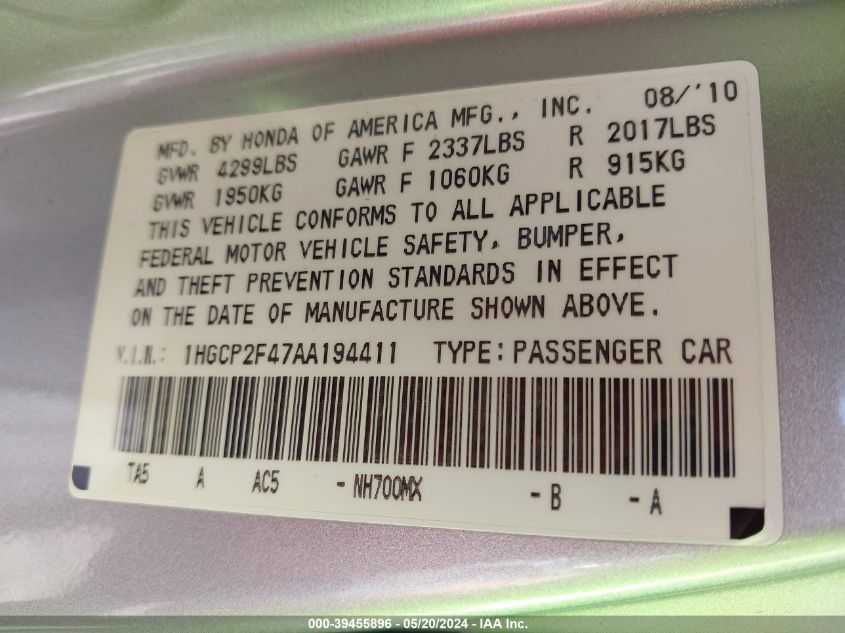2010 Honda Accord 2.4 Lx-P VIN: 1HGCP2F47AA194411 Lot: 39455896