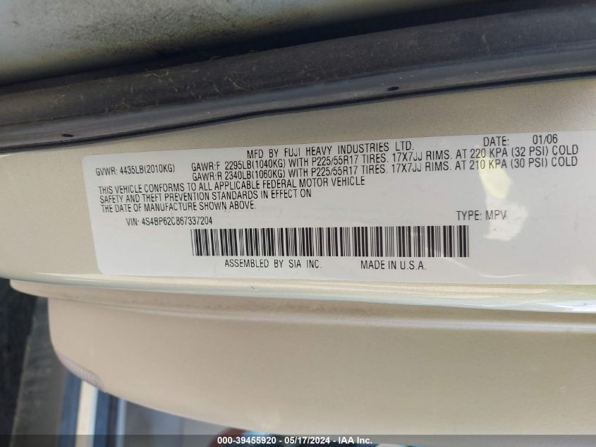 2006 Subaru Outback 2.5I Limited VIN: 4S4BP62C867337204 Lot: 39455920