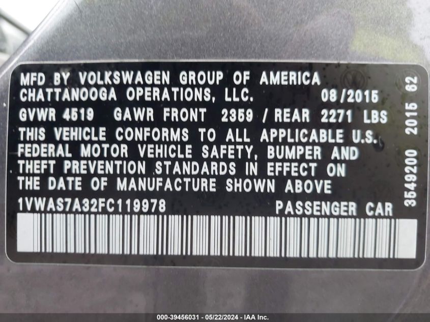 2015 Volkswagen Passat 1.8T Limited Edition VIN: 1VWAS7A32FC119978 Lot: 39456031