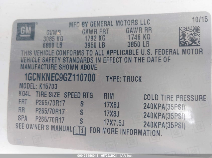 2016 Chevrolet Silverado 1500 Wt VIN: 1GCNKNEC9GZ110700 Lot: 39456045