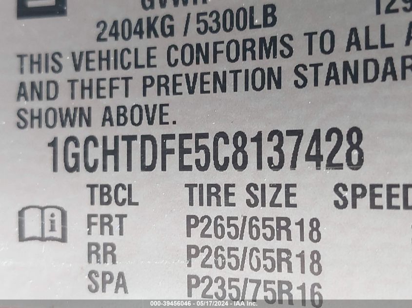 2012 Chevrolet Colorado 2Lt VIN: 1GCHTDFE5C8137428 Lot: 39456046